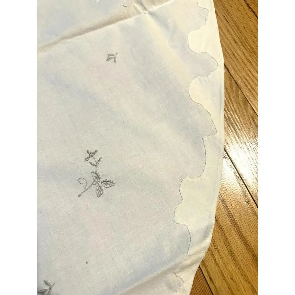 New VTG Madeira Style Round Linen Tablecloth 64.5” + 8 Napkins Appliqué Floral